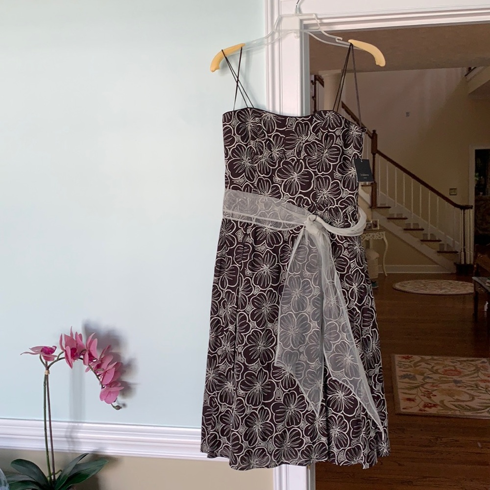 Brown and ivory embroidered strapless dress